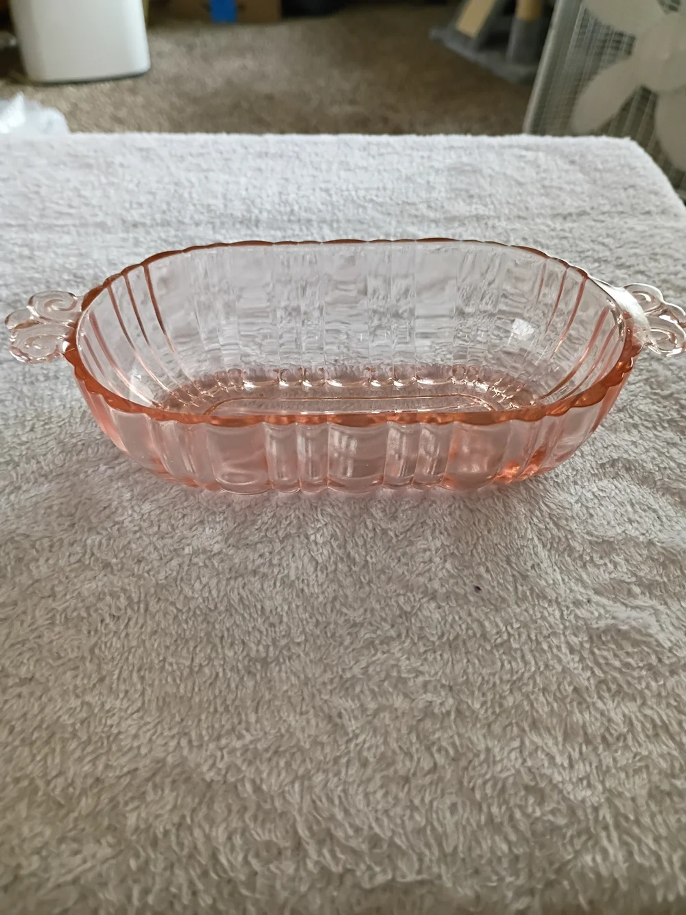 Antique 1930s Pink Glass Olive Bowl with Handles